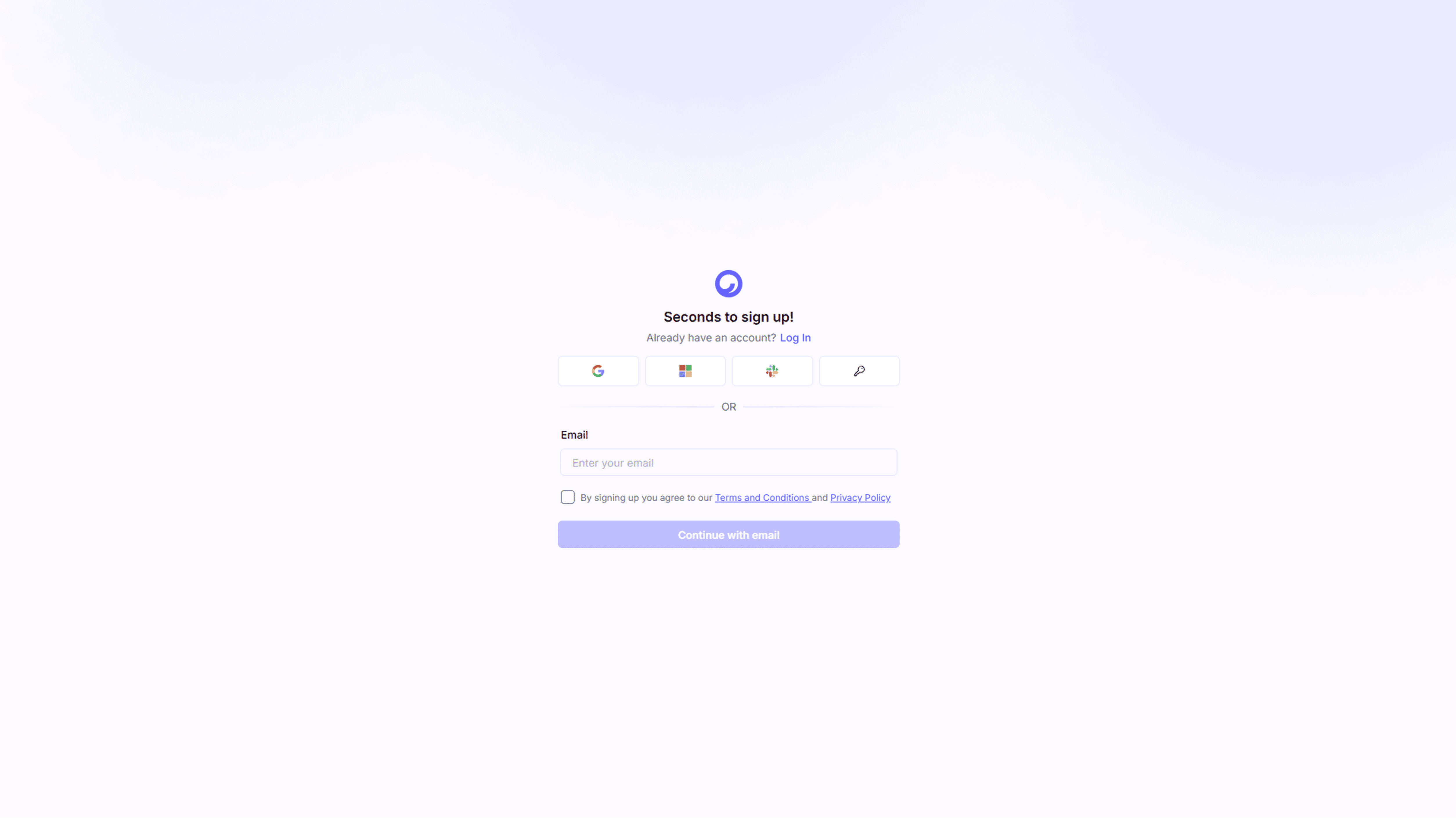 The Cloudairy sign-up screen with email, Google, and SSO options